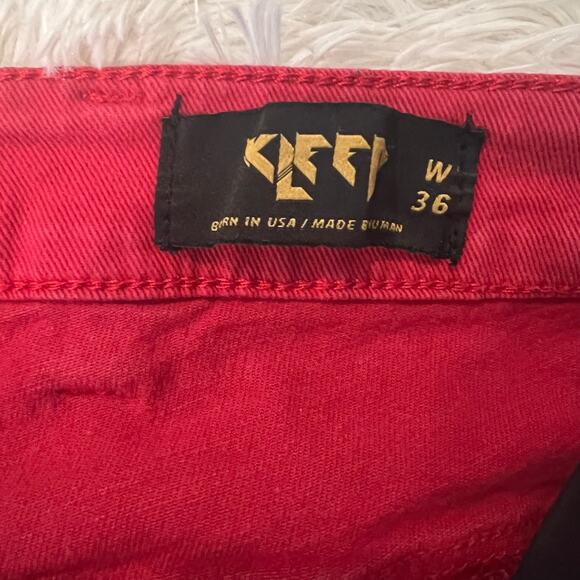 Kleep Jeans Mens 36x30 Chairo Skinny Straight Distressed Colorblock Red Black - Picture 5 of 6